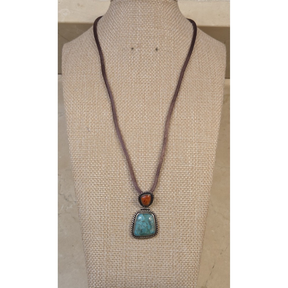 Vintage Barse Sterling Silver, Turquoise, Red Coral Pendant Silk & Sterling 19"